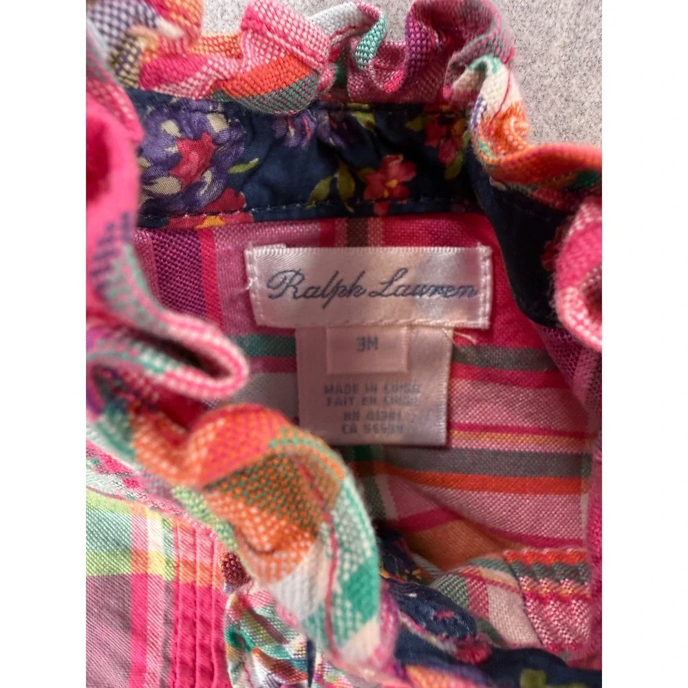 Ralph Lauren Baby Girls Pink Plaid Ruffle Dress Diaper‎ Cover Set 3M 100% Cotton